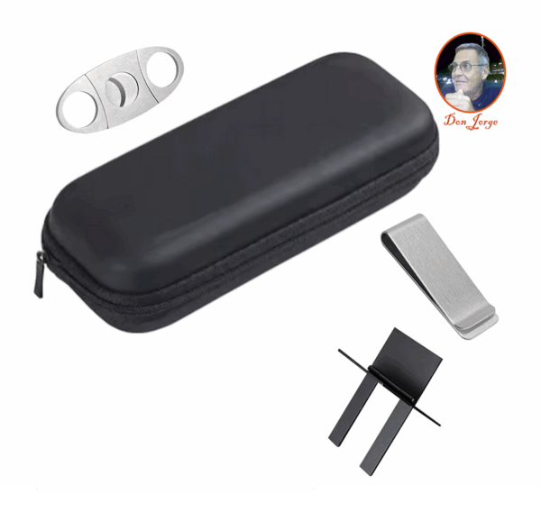 Estuche doble cremayera para 10 puros/ cortador acero doble hoja / posa puro de acero negro / clip p/billetes